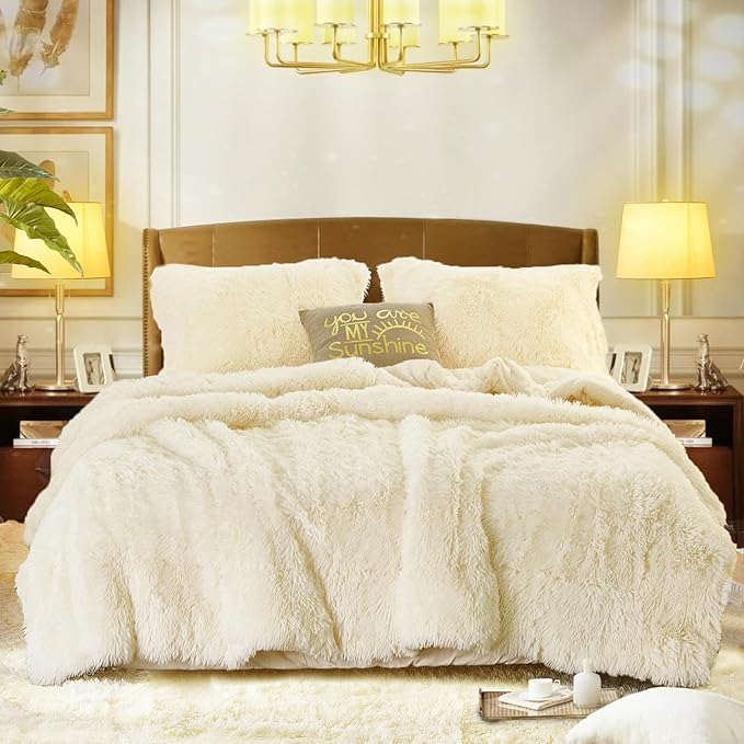 Flysheep Luxury Faux Fur Full/Queen Size Winter Comforter Set Shaggy Velvet Cream Beige Long Hair, 3 Pieces Plush Flannel Sherpa Backing Reversible Soft Microfiber Super Warm Bedding Set for Holiday