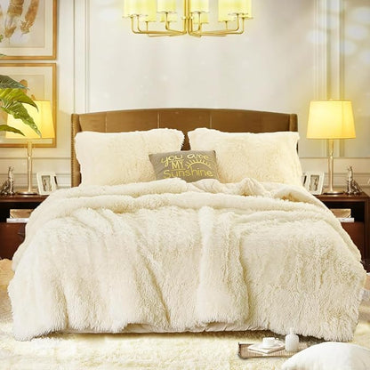 Flysheep Luxury Faux Fur Full/Queen Size Winter Comforter Set Shaggy Velvet Cream Beige Long Hair, 3 Pieces Plush Flannel Sherpa Backing Reversible Soft Microfiber Super Warm Bedding Set for Holiday