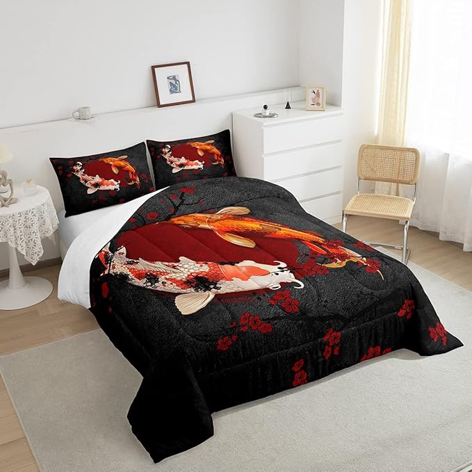 Koi Fish Kids Comforter Set Full Size,Marine Animals Cherry Blossom Branch Romantic Bedding Set,Girls Boys Adults Xmas Decor,Japanese Ukiyo-e Down Comforter,Red Black Duvet Insert,2 Pillowcases