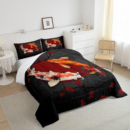 Koi Fish Kids Comforter Set Full Size,Marine Animals Cherry Blossom Branch Romantic Bedding Set,Girls Boys Adults Xmas Decor,Japanese Ukiyo-e Down Comforter,Red Black Duvet Insert,2 Pillowcases