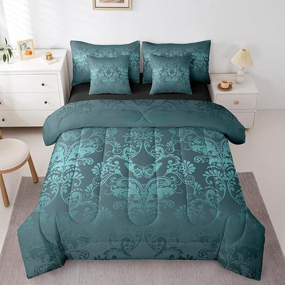 Erosebridal Gothic Damask 7 Piece Comforter Set Full Bed in a Bag,Butterfly Skull Bedding Sets Turquoise Victorian Floral Goth Sheet Set with Comforter