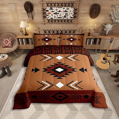 King Size Western Aztec Bedding Set, Native American Navajo Comforter Set For Boys Adult Teens Men, Southwestern Geometric Duvet Insert Ethnic American Native Quilt Rustic Farmhouse Decor, Brown