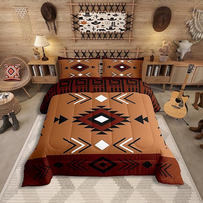Queen Size Western Aztec Bedding Set, Native American Navajo Comforter Set For Boys Adult Teens Men, Southwestern Geometric Duvet Insert Ethnic American Native Quilt Rustic Farmhouse Decor, Brown