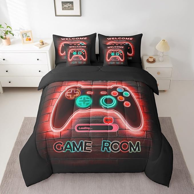 jejeloiu Red Gamer Gaming 7 Piece Bedding Set King Size for Boys Game Console Comforter Set with Sheets Kids Teens Neon Light Bed in a Bag Cool Game Room Decor Bed Set