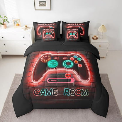jejeloiu Red Gamer Gaming 7 Piece Bedding Set King Size for Boys Game Console Comforter Set with Sheets Kids Teens Neon Light Bed in a Bag Cool Game Room Decor Bed Set