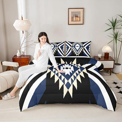 Feelyou Kids Blue Black Boho Western Bedding Set Full Size Southwestern Aztec Tribal Comforter Set for Boys Girls Vintage Geometric Duvet Quilt