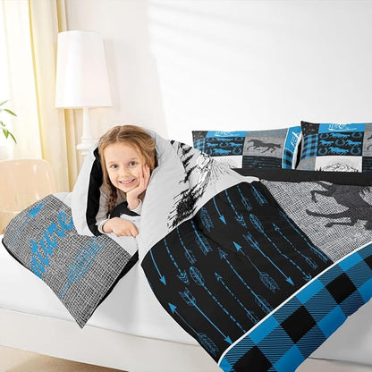 Erosebridal Horse Quilt for Teens, Western Cowboys Cowgirls Comforter Set King, Vintage Riding Boots Farm Animal Bedding Set Rustic Southwestern Horseshoe Duvet Sets Cabin Lodge Room Decor, Blue