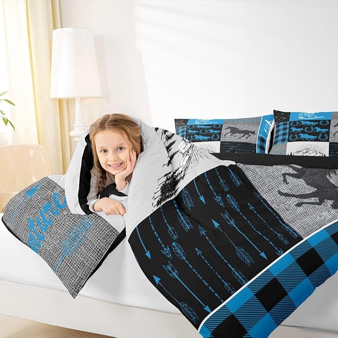 Erosebridal Horse Quilt for Teens, Western Cowboys Cowgirls Comforter Set Full, Vintage Riding Boots Farm Animal Bedding Set Rustic Southwestern Horseshoe Duvet Sets Cabin Lodge Room Decor, Blue