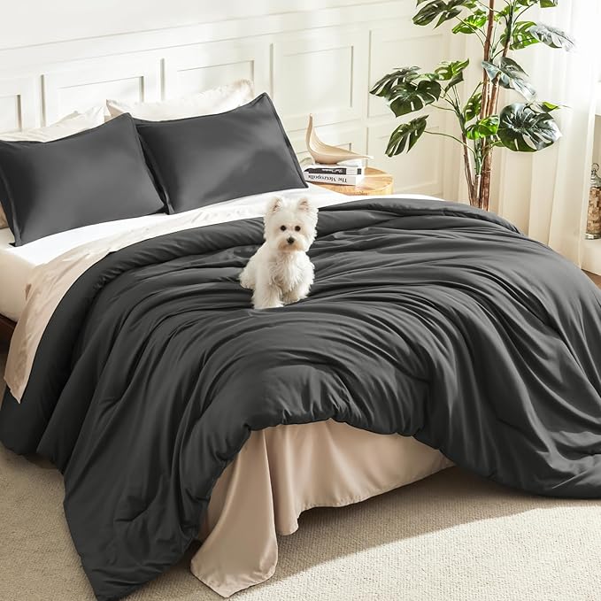 Litanika Grey Comforter Full Set, Dark Gray Lightweight Plain Bedding Comforters Sets, All Season Fluffy Bed Set (79x90In Comforter & 2 Pillowcases)