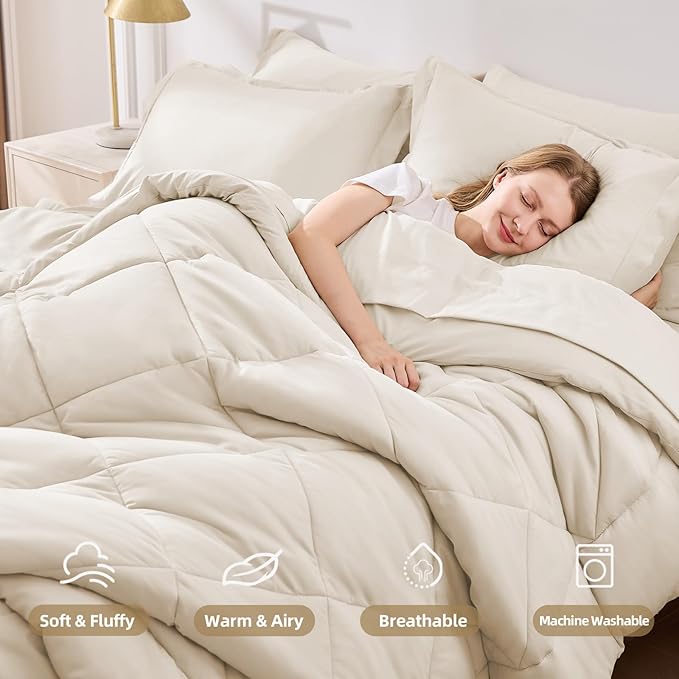 FUANNA 7 Pieces Queen Comforter Set, All Season Bed in a Bag Queen Size, Luxury Soft Bedding Sets with Comforter, Flat Sheet, Fitted Sheet, Pillowcases & Pillow Shams, Beige