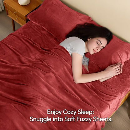 BEDELITE Flannel Sheets Full Size Red - Super Soft Fleece Sheets Set Fluffy Extra Plush, 4 Piece(Include Fitted Sheet, Flat Sheet, 2 Pillowcases)