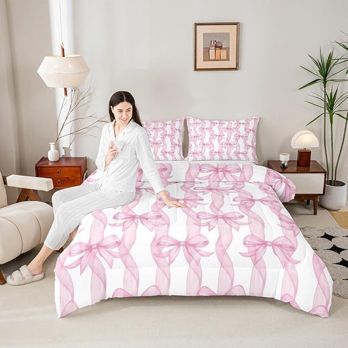 Girls Pink Bow Comforter Set King Size,Sweet Bow Ribbon Print Bedding Sets 3Pcs,Princess Style Girly Quilted Duvet for Kids Teens Woman Youth Room Decor,Bowkont Lines Down Comforter,2 Pillowcases