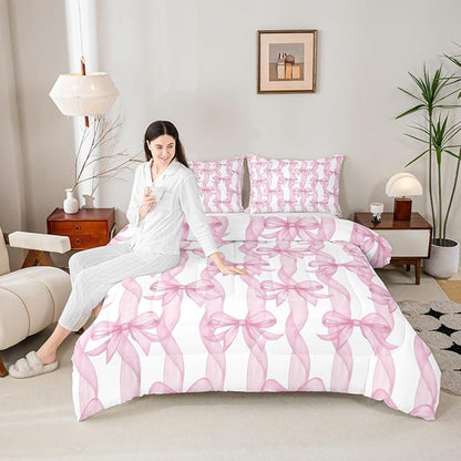 Girls Pink Bow Comforter Set King Size,Sweet Bow Ribbon Print Bedding Sets 3Pcs,Princess Style Girly Quilted Duvet for Kids Teens Woman Youth Room Decor,Bowkont Lines Down Comforter,2 Pillowcases