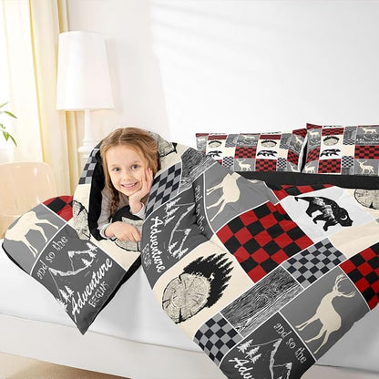 Boys Hunting Deer Quilt, Rustic Cabin Lodge Comforter Set Wildlife Bear Bedding Set Twin Size, Western Country Farmhouse Wooden Board Down Comforter With 1 Pillow Case, Rustic Gifts For Mom