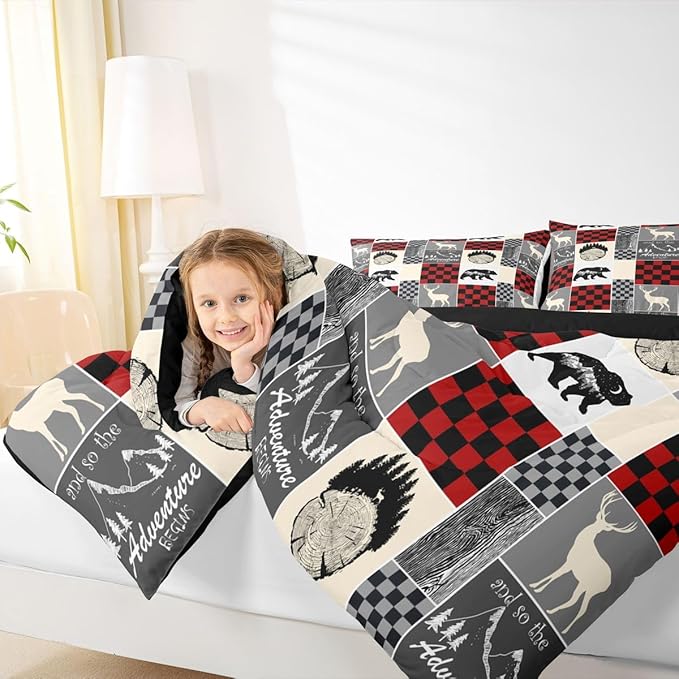 Boys Hunting Deer Quilt, Rustic Cabin Lodge Comforter Set Wildlife Bear Bedding Set Full Size, Western Country Farmhouse Wooden Board Down Comforter With 2 Pillow Cases, Rustic Gifts For Mom