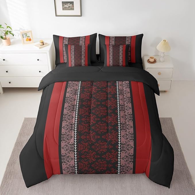 jejeloiu Adult Classic Jacquard 7 Piece Bedding Set King Size Damask Pattern Comforter Set with Sheets for Boys Girls Black Red Stripe Bed in a Bag Baroque Bed Set
