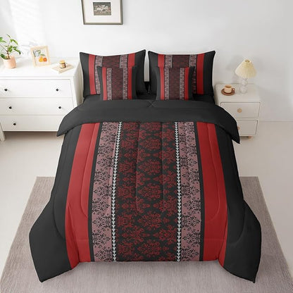 jejeloiu Adult Classic Jacquard 7 Piece Bedding Set King Size Damask Pattern Comforter Set with Sheets for Boys Girls Black Red Stripe Bed in a Bag Baroque Bed Set