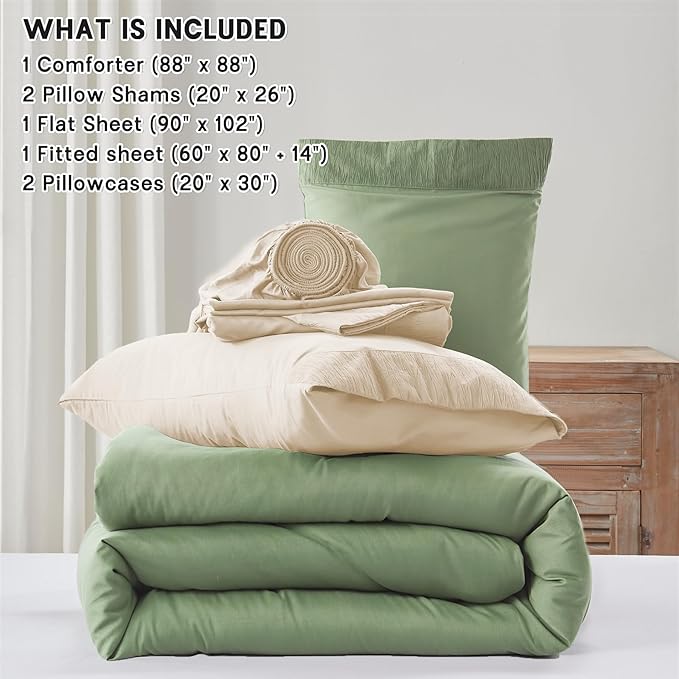 Anluoer Sage and Cream Queen Comforter Set 7 Pieces, Bed in a Bag with Sheets, All Season Bedding Sets with 1 Comforter, 2 Pillow Shams, 2 Pillowcases, 1 Flat Sheet, 1 Fitted Sheet