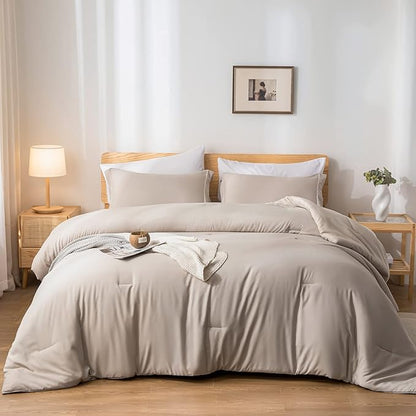 weigelia Queen Comforter Set 7 Pieces Oatmeal Comforters Queen Size Soft Fluffy Bedding Comforter Set with Fitted Sheets, Flat Sheets, Pillow Shams, and Pillowcases