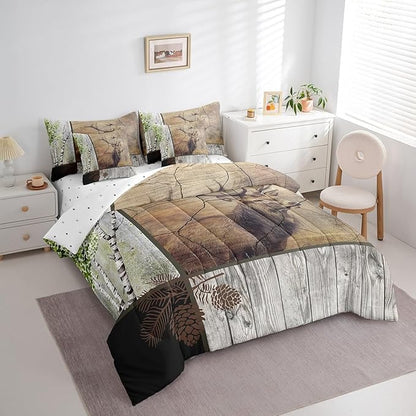 Elk Deer Comforter Set 7 Piece Bed in a Bag Twin,Xmas Moose Reindeer Bedding Sets Birch Trees Sheet Set with Comforter