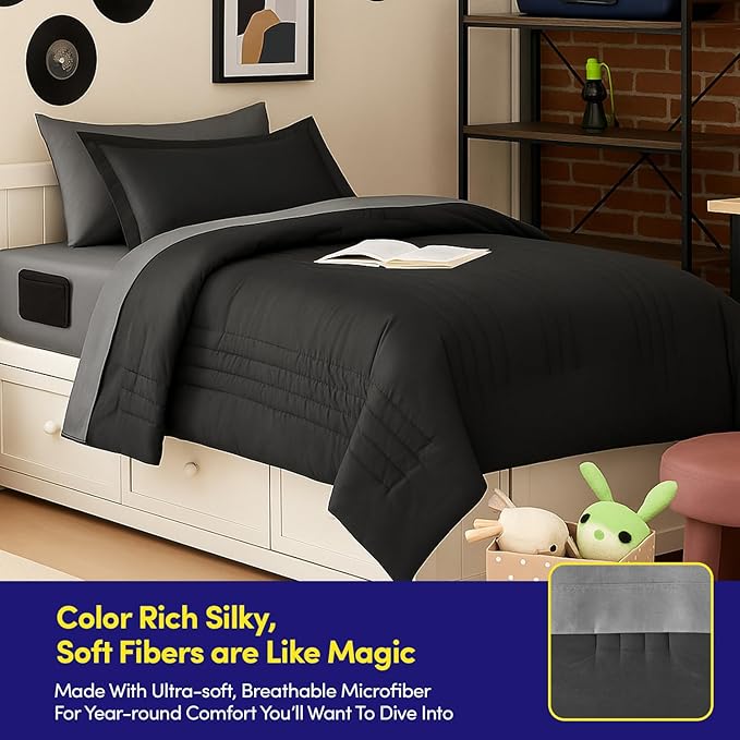 Twin Size Comforter Set Quilted Stripe Bedding Bundle – Stylish Set with Comforter, Mattress Protector, Sheet Set & Pillow Shams — Sophisticated Striped Design for Home & Guest Rooms, Black/Charcoal