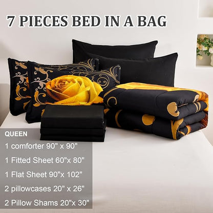 WONGS BEDDING Yellow Comforter Set Queen, Reversible Yellow Rose 7 Pieces Bed in a Bag, Lightweight Soft Microfiber Bedding Sets with Flat Sheet, Fitted Sheet, Pillowcases & Shams