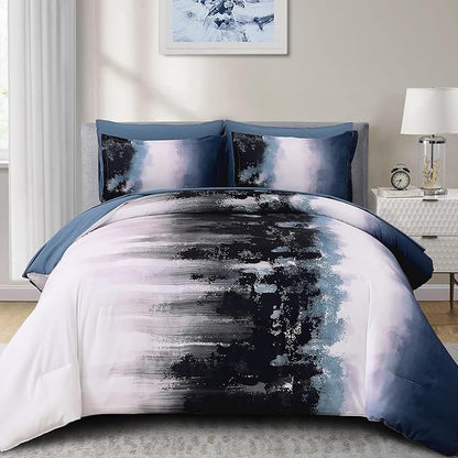 Dinjoy Ombre Blue Comforter Set Cal King Size Gradient Navy Blue Black Boho Bedding Set