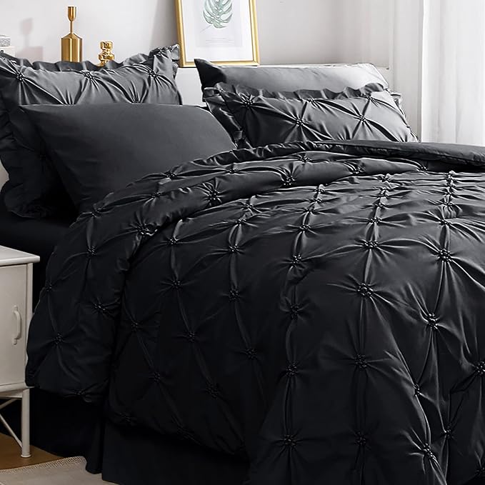 JOLLYVOGUE Black Twin Size Comforter Sets 5 Pieces, Pintuck Bed in a Bag Comforter Set for Bedroom, Bedding Comforter Sets with Comforter, Sheets,Ruffled Shams & Pillowcases