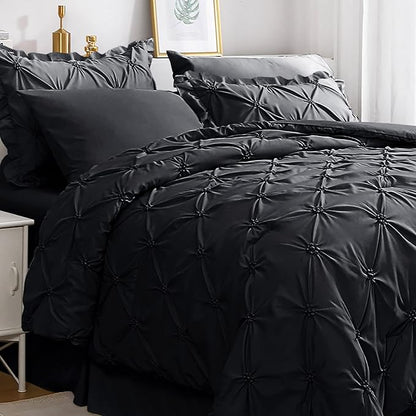 JOLLYVOGUE Black Twin Size Comforter Sets 5 Pieces, Pintuck Bed in a Bag Comforter Set for Bedroom, Bedding Comforter Sets with Comforter, Sheets,Ruffled Shams & Pillowcases