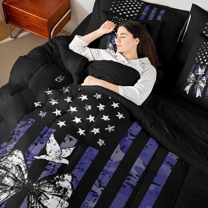 Erosebridal Bowknot King Comforter Set American Flag 7-Piece Bed in A Bag Bow Pigeons Birds Retro Camouflage Sheets and Pillowcases Black White Blue Bed Sets