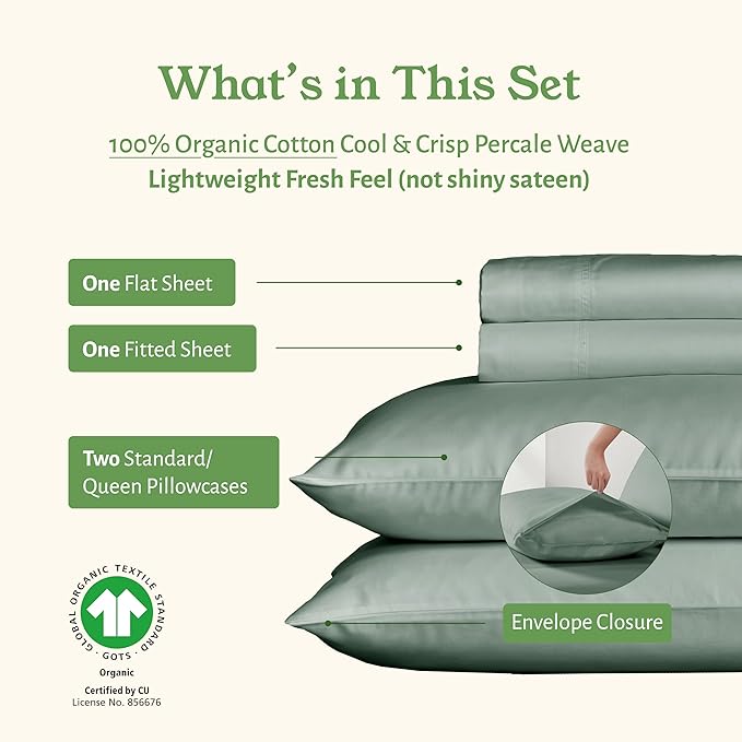 California Design Den Soft 100% Organic Cotton Sheets Queen Size Set - Crisp and Cool Percale Sheets Queen, Deep Pockets with Anti-Skid Elastic, Breathable and Durable Bedding Set - Sage Green
