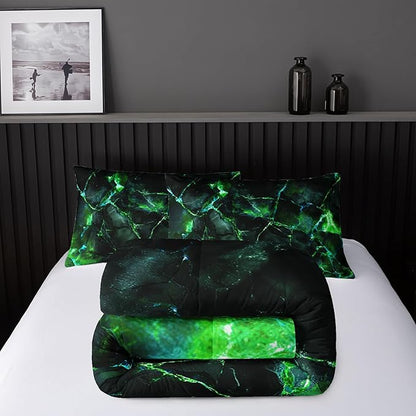 Green Comforter Set Twin Size，Green Marble Bedding Set 3 Pcs Bedding for Adults, Marble Room Decor with Comforter and 2 Pillowcases Soft and Lightweight B-Side Black