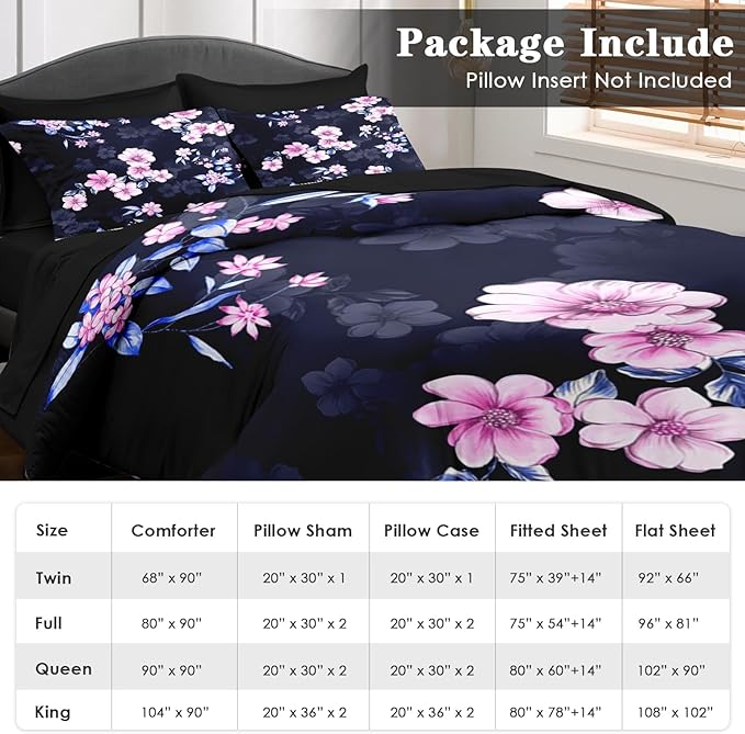 Comforter Set Queen Size, Navy Blue Pink Flower 7 Pcs Bedding for Kids and Adults, Floral Summer Vintage Bed Sheet Sets with Fitted Sheet 2 Pillowcases & 2 Shams for Bedroom Bed Decor
