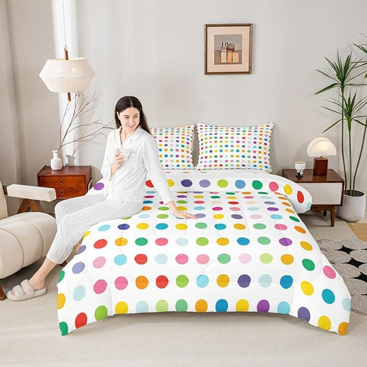 Manfei Polka Dots Comforter Set Queen Size 3 Pcs,Colorful Dots French Style Print Bedding Set,Kawaii Circles Geometric Simple Chic Quilt Set for Young Adults,2 Pillowcases