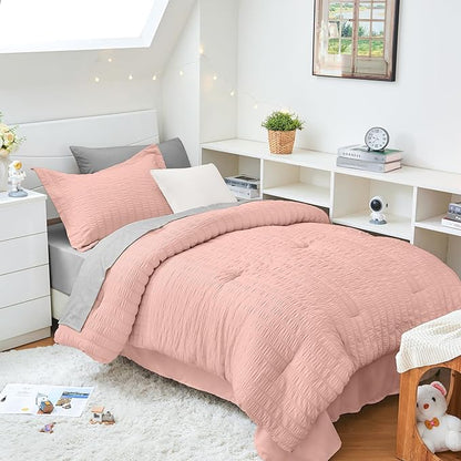 HYMOKEGE Rose Gold/Light Grey Twin XL Comforter Set Seersucker 5 Pieces, All Season Luxury Bed in a Bag for Bedroom, Bedding Set with Comforter, Sheets, Pillowcase & Sham