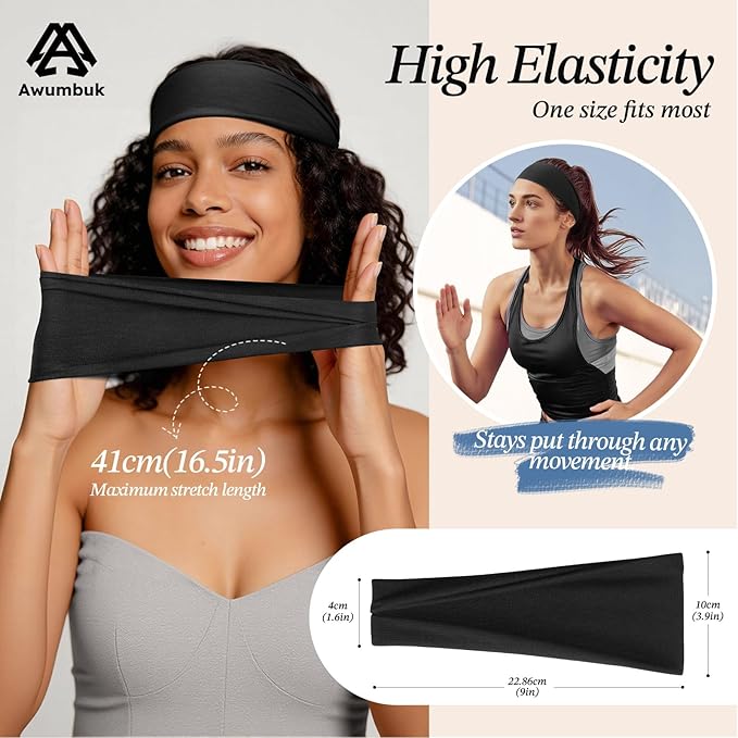 Headbands for Women, 8 Pack Non-Slip Moisture Wicking Sports Wide Head Bands, Stretchy Elastic Fabric, Multiple Colors Securing Hair for Fashion, Sports, Yoga, Running, Daily Life