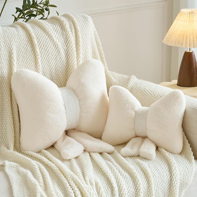 Xuyier Bow Pillows, Bow Shaped Decorative Throw Pillows for Couch Bed, Aesthetic Cute Home Decor Accent Pillows (Ivory White, Small-12 Inches)