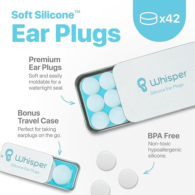 Whisper Ear Plugs (42 pcs) | Soft Silicone | Reusable Silicone Ear Plugs for Swimming, Sleep, Travel, Noise & Snoring | Moldable Comfort Fit Wax Earplugs for Sleep | Waterproof Swim Ear Plugs Adults
