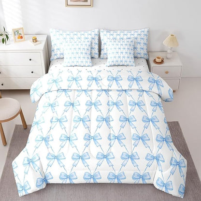 Feelyou Blue Bow 7 Piece Bedding Set Queen Size Cute Bowknot Twin Comforter Set with Sheets Boys Girls Kawaii Bed in a Bag Breathable Soft Lightweight Microfiber