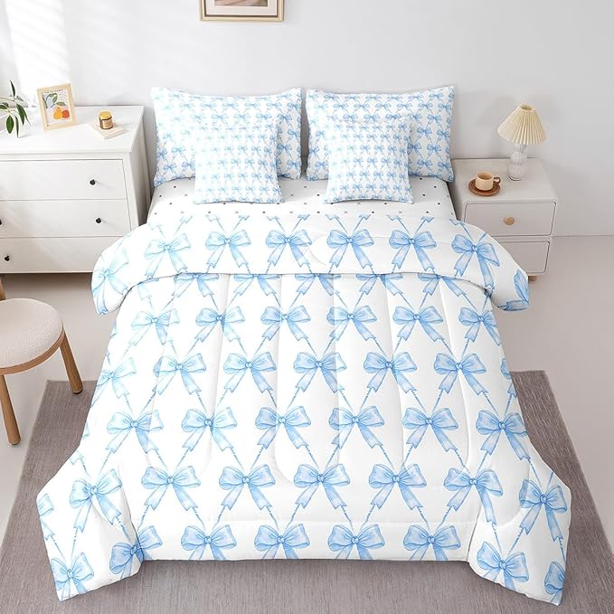 Feelyou Blue Bow 7 Piece Bedding Set Twin Size Cute Bowknot Twin Comforter Set with Sheets Boys Girls Kawaii Bed in a Bag Breathable Soft Lightweight Microfiber