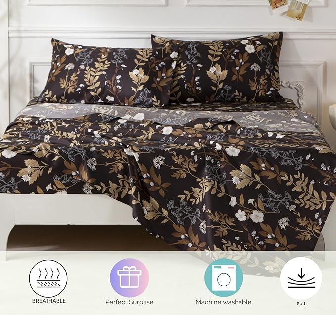 SDY 7PCS Twin Dark Floral Comforter and Sheet Set，Cute Soft Black Flower Microfiber Bedding Sets for Kids, Boys and Toddlers Includes 1*Comforter,1* Flat&Fitted Sheet,2*Pillowcases,2*PillowcaseShams