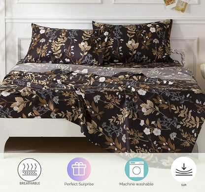 SDY 7PCS Twin Dark Floral Comforter and Sheet Set，Cute Soft Black Flower Microfiber Bedding Sets for Kids, Boys and Toddlers Includes 1*Comforter,1* Flat&Fitted Sheet,2*Pillowcases,2*PillowcaseShams