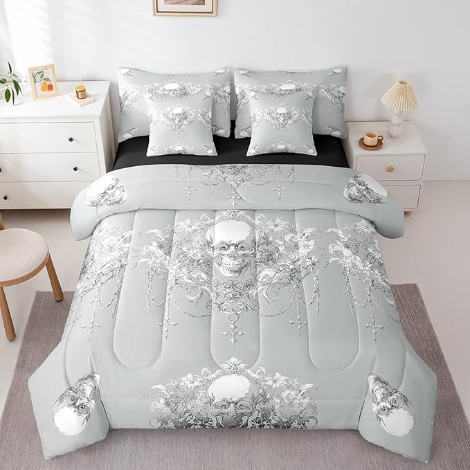 Erosebridal Gothic 7 Piece Comforter Set Full Bed in a Bag,Goth Sugar Skull Grey White Damask Bedding Set,Bohemian Vintage Floral Comforter and Sheet Set,Exotic Antique Victorian Baroque Decor