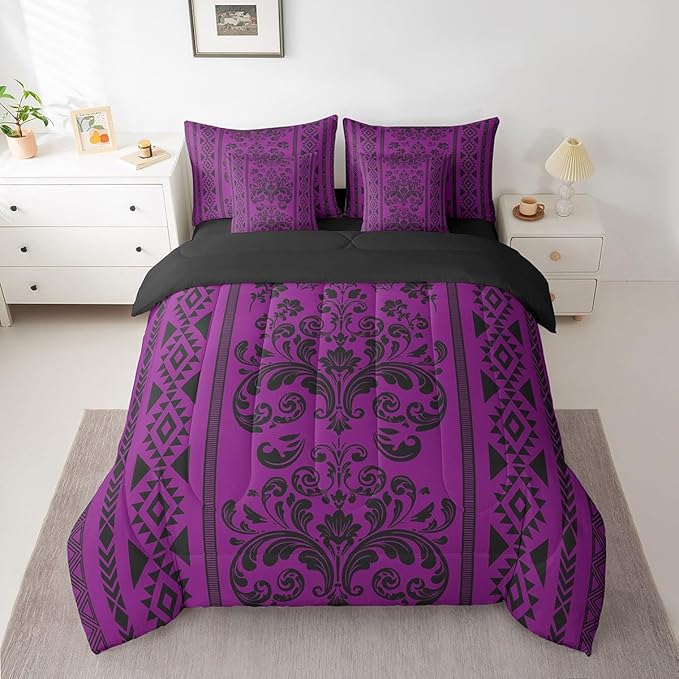 Comforter Set Twin Size, Purple Damask Aztec 7 Pcs Bedding for Kids and Adults, Antique Decor Western Baroque Gothic Bed Sheet Sets with Fitted Sheet 2 Pillowcases & 2 Shams for Bedroom Bed Decor