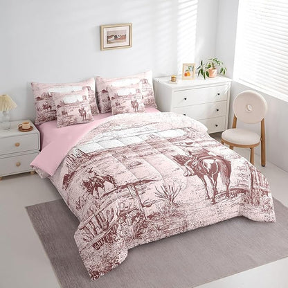 Feelyou Pink Western Decor Comforter Set with Sheets King Size Kids West Cowboy Horse 7 Pieces Bedding Set for Boys Girls Teens Rodeo Cowboy Style Bed in a Bag Breathable Grunge Design Bed Set