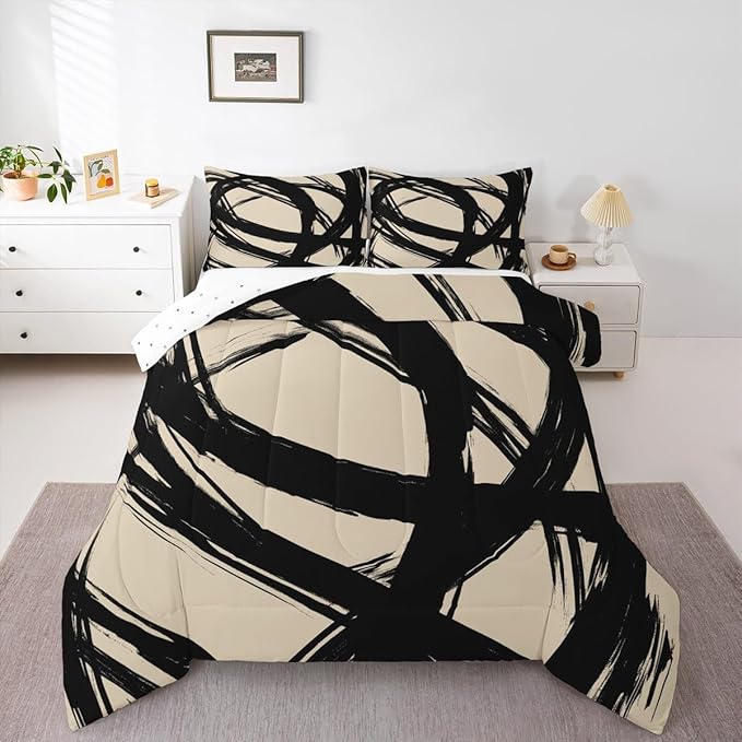 Black and Beige Striped Bedding Set Full Size for Adults Youth Teens,Contemporary Boho Modern Art Comforter Set,Graffiti Stripes Lines Quilt,Aesthetic Geometric Duvet Insert for Minimalists