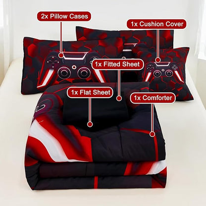 URBONUR Game Comforter Sets for Boys Teens 6Pcs Full Size Game Console Bedding Set for Kids Teenage Men Bedroom Decor Children Bed Comforters(Black Red, Full)