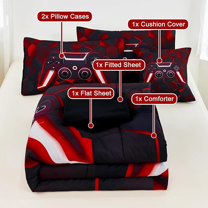 URBONUR 6 Pieces Twin Size Bed in a Bag 3D Gamer Game Console Printed Bedding Set Black and Red Kids Boys Gaming Comforter Set