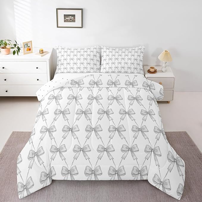 Feelyou Gray Bow Comforter Set King Size Cute Bowknot Bedding Set Boys Girls Kawaii Comforter for Kids Women Men Bow and Stripes Duvet Set 3Pcs
