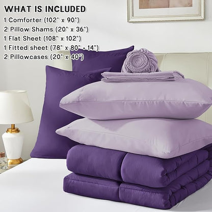 Anluoer King Comforter Set,Dark Purple&Light Purple Bed in a Bag 7 Piece,Lightweight Bedding Set with Down Alternative Fill,Bed Set Includes Comforter, Fitted Sheet, Flat Sheet,Pillowcases and Shams